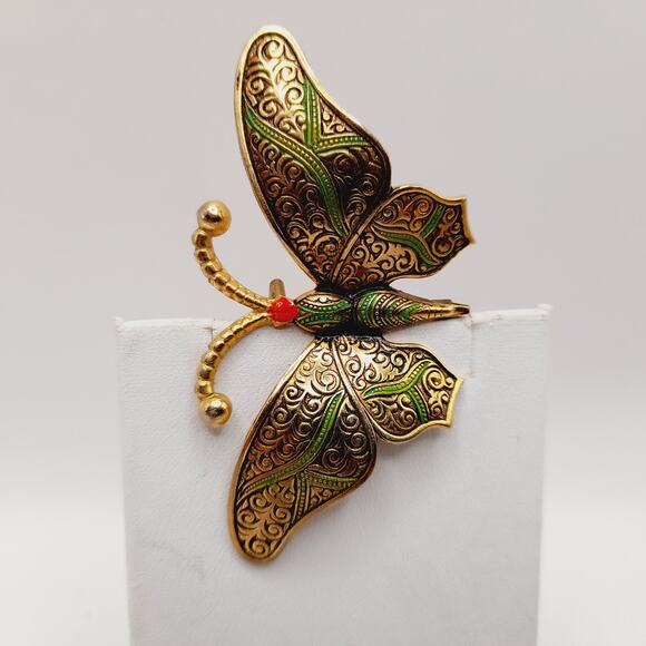 Vintage Damascene Butterfly Brooch, Gold Tone Green Black Red Enamel – 2 ¾” - Picture 4 of 9